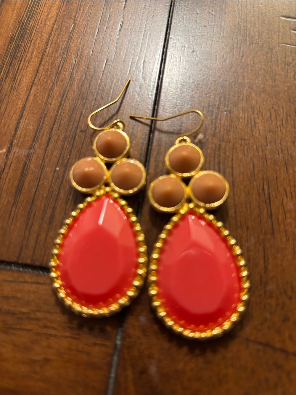 Gold-Tone Red Teardrop & Brown Accent Dangle Earrings- Rachel Leigh Signed
